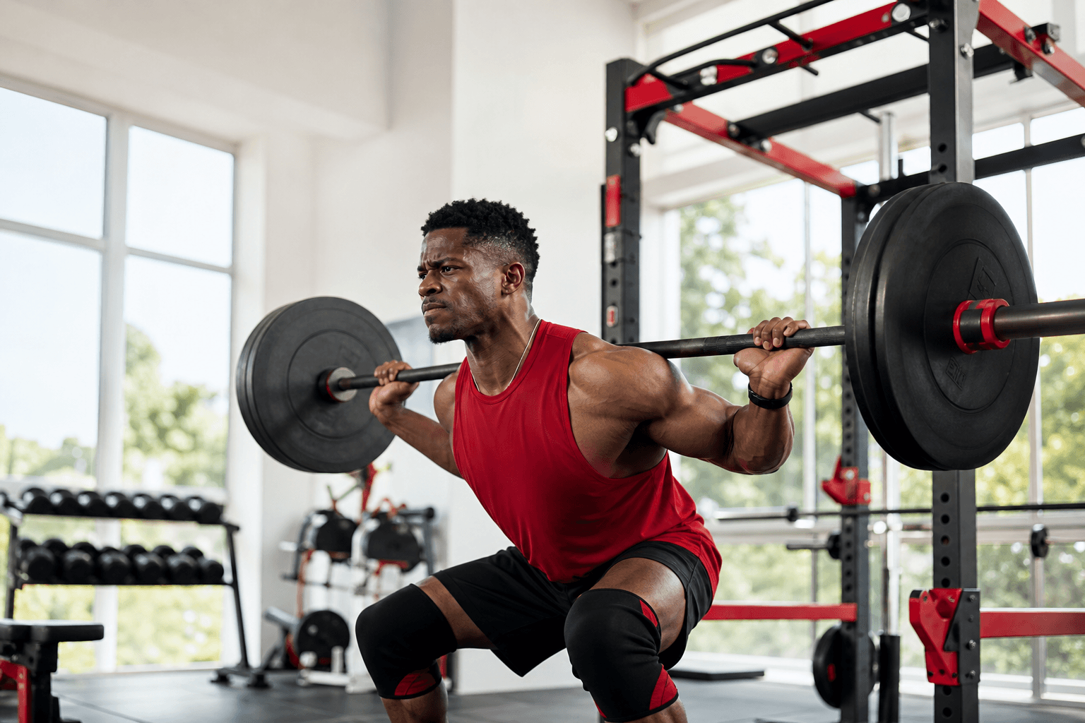 Lifter chalking up beside a loaded barbell, bench, and dumbbells in a garage gym