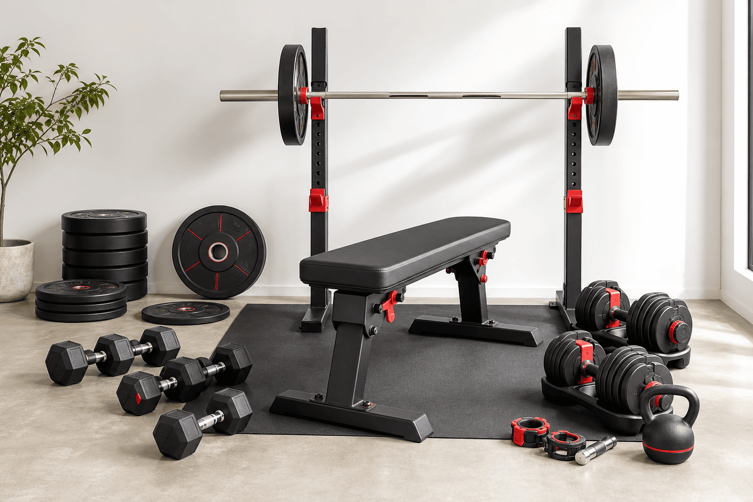 EVO Sporting USA strength equipment arranged near a rack